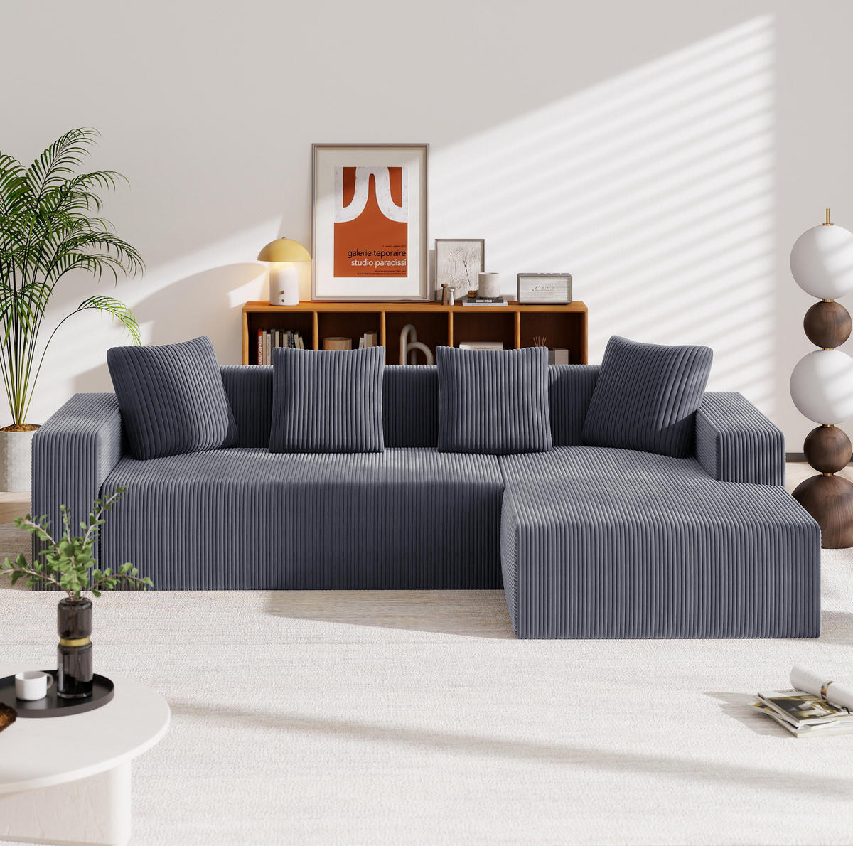 ECKSOFA 261/146/65 cm grau aus Cord mit Liegefunktion - Grau, Textil (146/261cm) - OKWISH