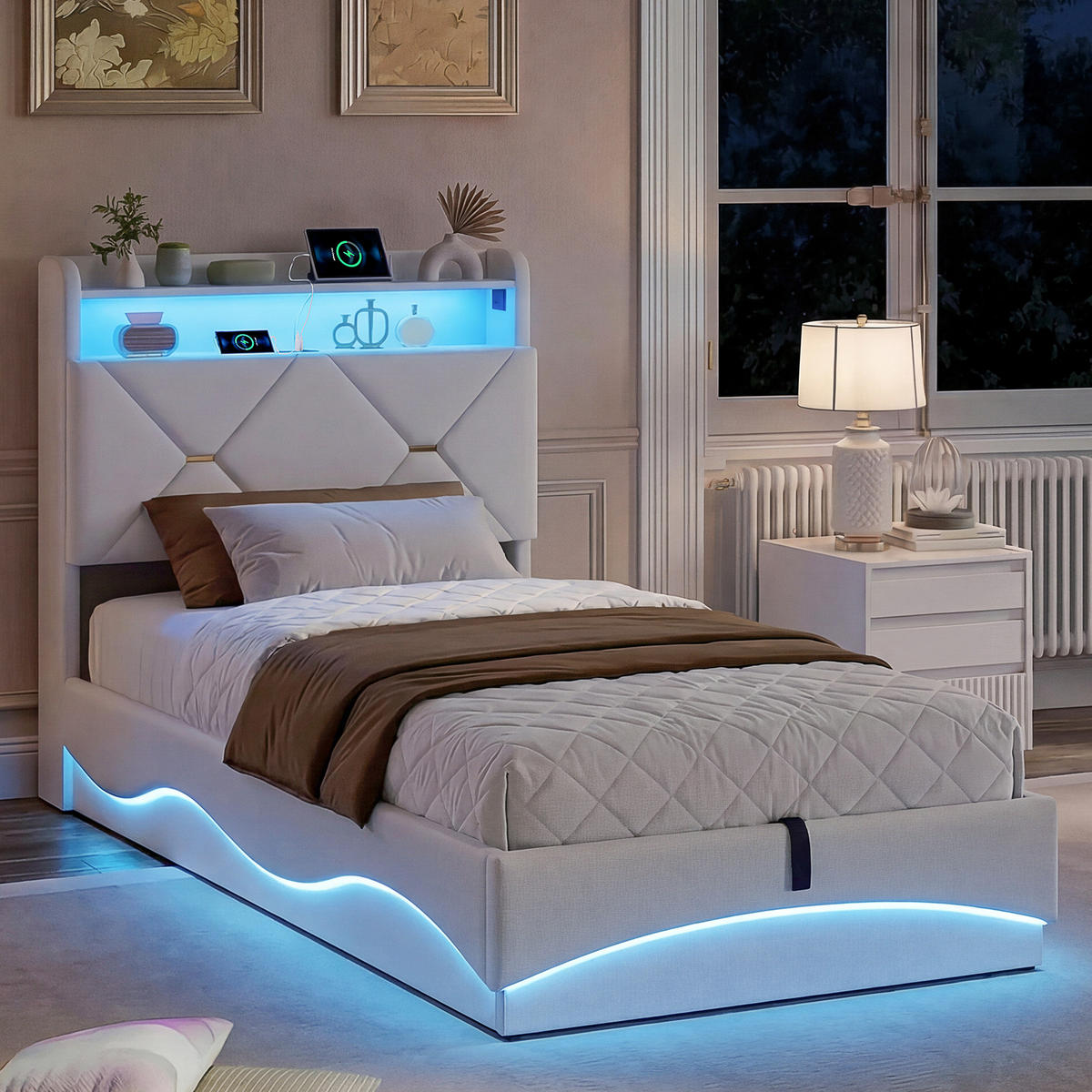 POLSTERBETT 90x200 cm mit hydraulischem Stauraum, Stauraumkopf, RGB-LED, USB-/Typ-C, Samtstoff in Beige - Beige, Holz (90/200cm) - BRILVERDE