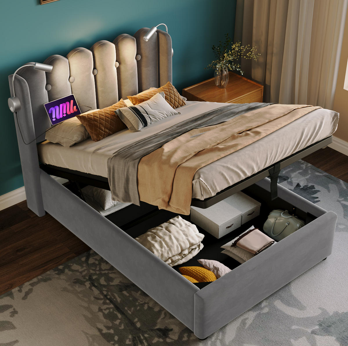 POLSTERBETT aus Samt 90x200 cm Grau mit Bettkasten, Leselicht und USB-Anschluss - Grau, Textil (90/200cm) - IVMEU