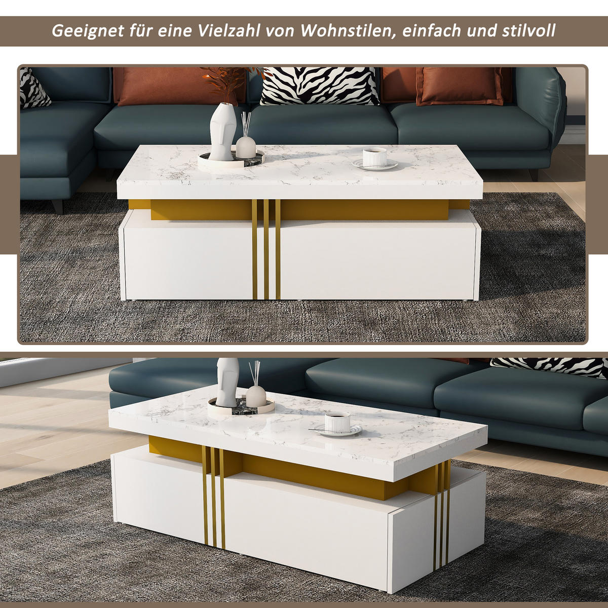 COUCHTISCH Set & TV-Schrank weiß mit Marmoroptik-Hochglanzplatte und goldenen Metallverzierungen - Weiß, Holzwerkstoff (50/100/40cm) - Luhomfu