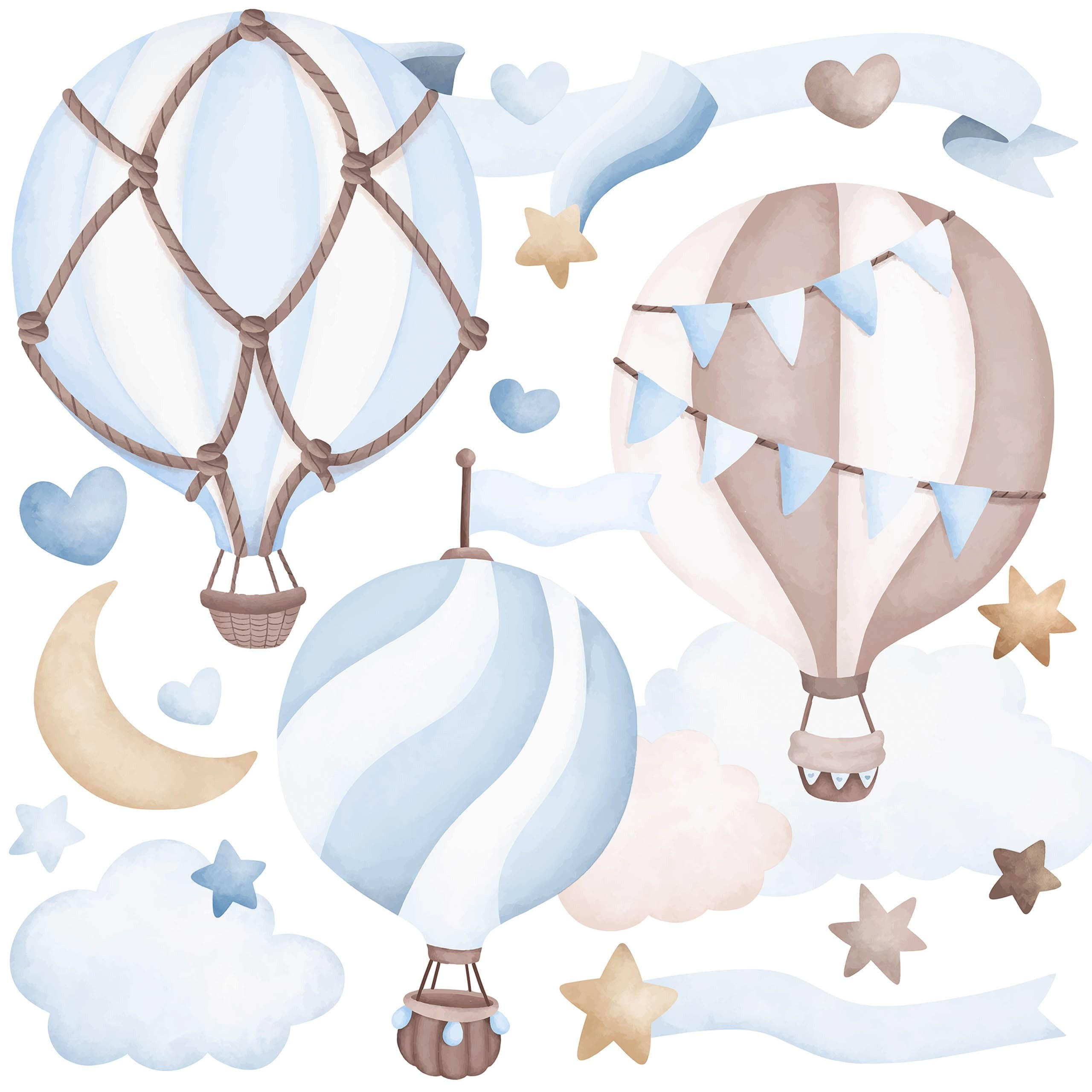 STICKER SET für Kinder blaue Luftballons Wolken Sterne Boho 120x60 - Beige/Braun, Papier (120/60/1cm) - Muralo