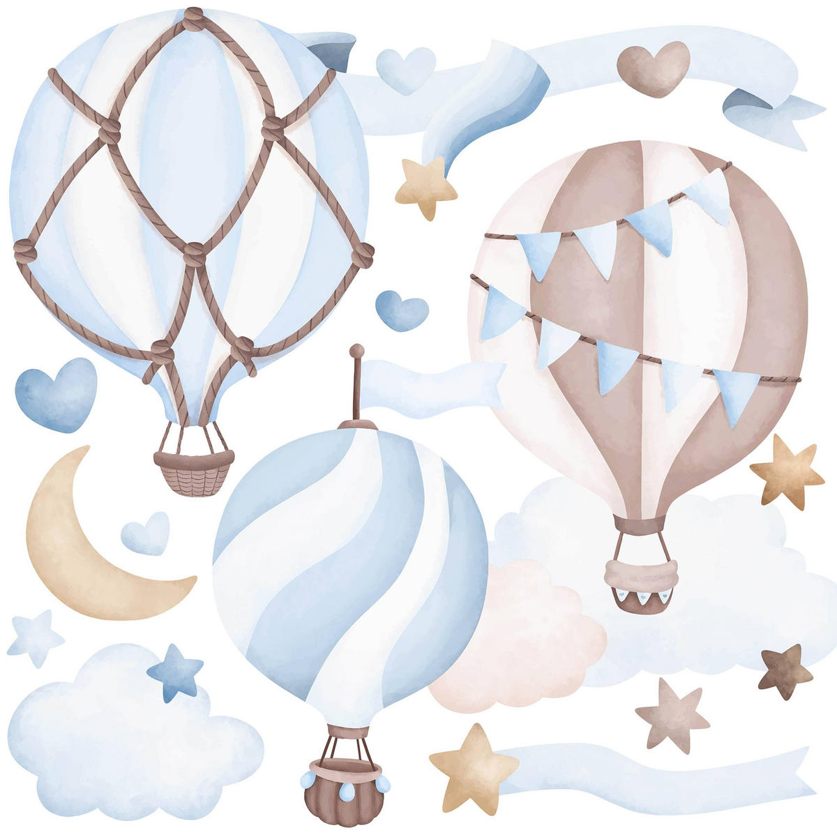 STICKER SET für Kinder blaue Luftballons Wolken Sterne Boho 60x30 - Beige/Braun, Papier (60/30/1cm) - Muralo