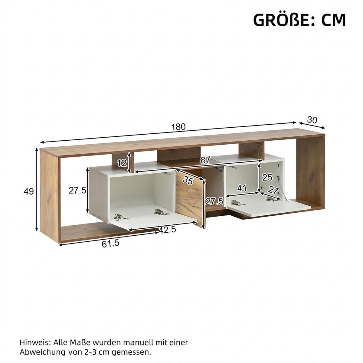 TV-SCHRANK 180/30/49 cm Naturholz mit 3 Türen und 3 offenen Fächern - Weiß, Holzwerkstoff (180/49/30cm) - Oxeza