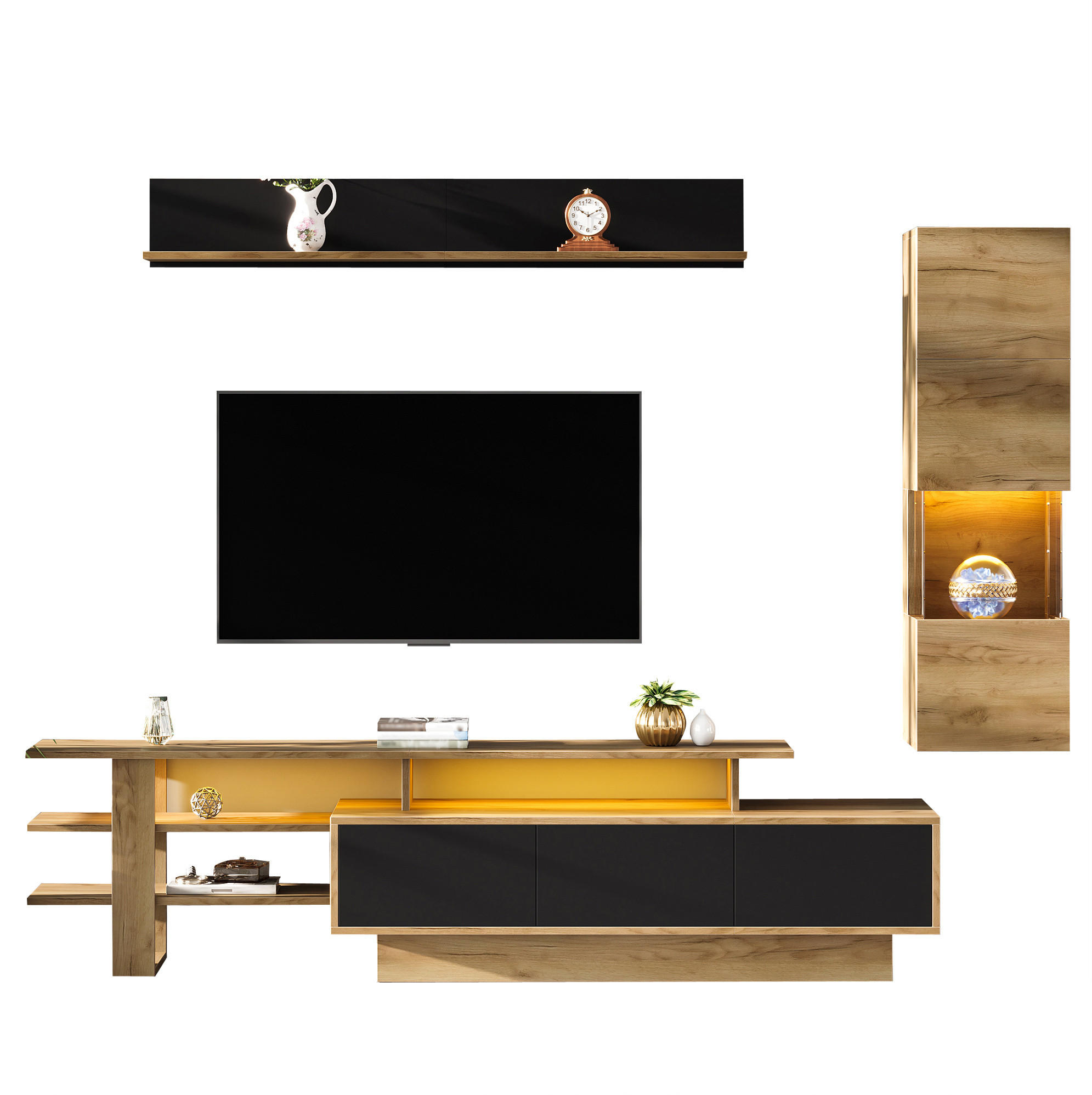 TV-WOHNWAND 3-tlg. 180 cm MDF/Acryl Natural+Black mit LED - Schwarz, Holzwerkstoff (40/45/150cm) - Beauniv