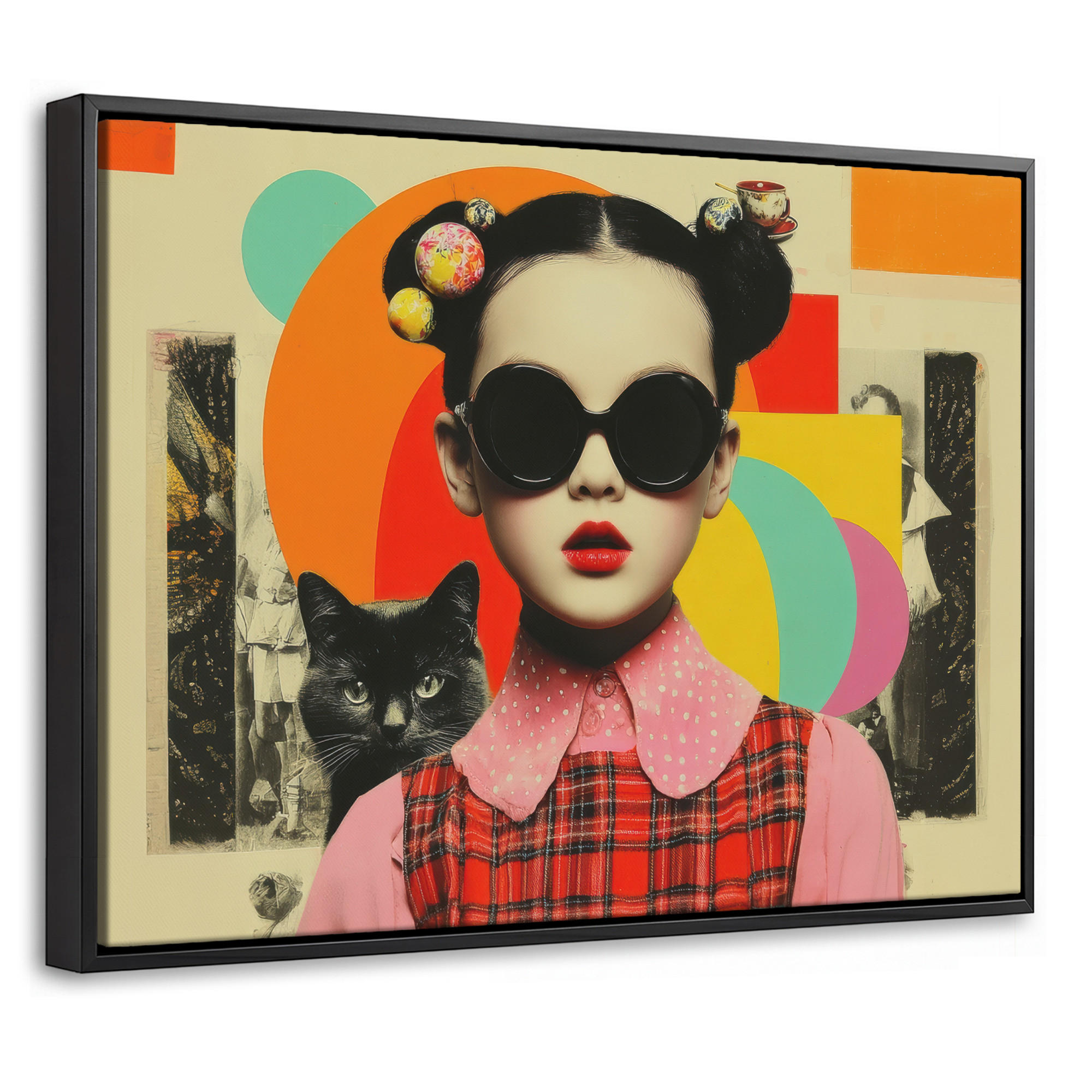 LEINWAND Bilder mit Rahmen - Mädchen - Sonnenbrille - Katze - Retro - 40x30 - Beige, Textil (40/30cm) - MuchoWow