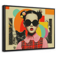 LEINWAND Bilder mit Rahmen - Mädchen - Sonnenbrille - Katze - Retro - 40x30 - Beige, Textil (40/30cm) - MuchoWow