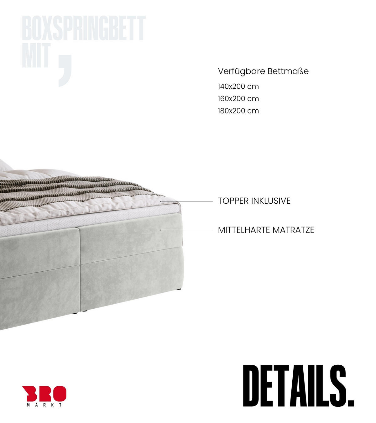 BOXBETT DREAM mit Topper 160x200 Grau - Grau, Textil (160/200cm) - Bromarkt