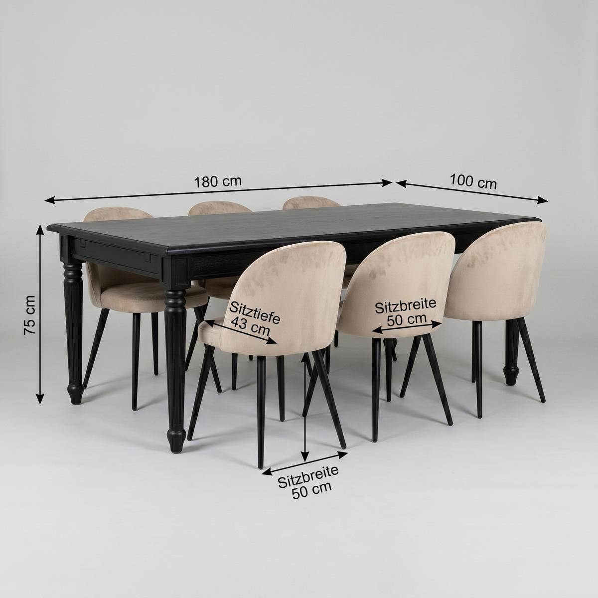 ESSGRUPPE Amaretta mit Esstisch Schwarz und 6 Stühlen Samt Beige, 180 x 100 cm - Sandfarben, Holz/Textil (180/75/100cm) - ebuy24