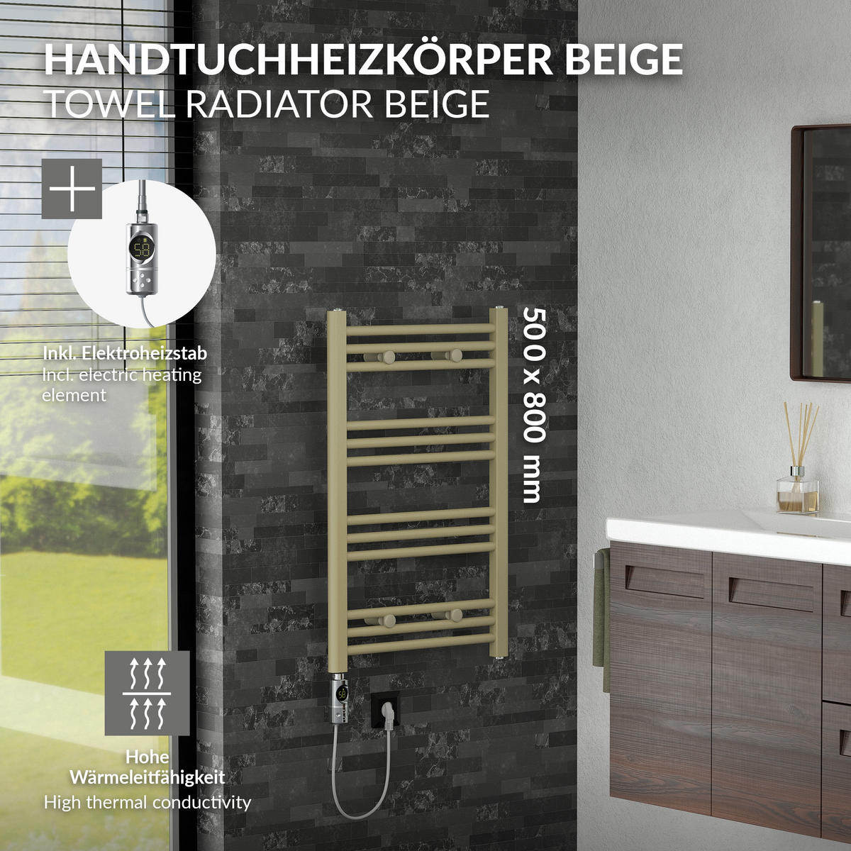 HANDTUCHHEIZKÖRPER elektrisch 500 x 800 mm Beige Badheizkörper gerade mit Seitenanschluss mit Heizstab 300W - Beige, Metall (50/80/3cm) - LuxeBath