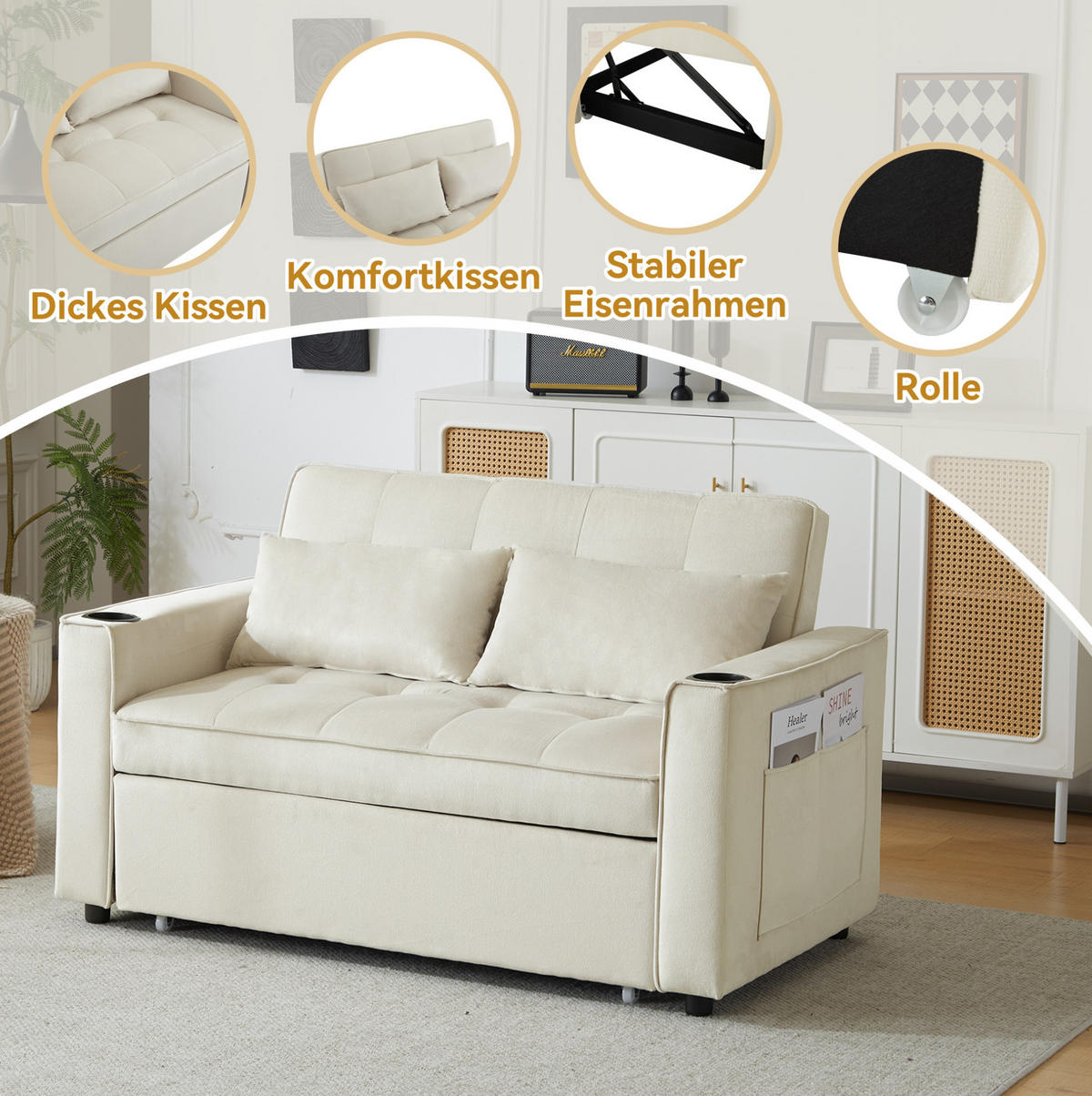 SCHLAFSOFA Samt mit 3-fach verstellbarer Rückenlehne und Getränkehalter Beige 137/76,5/83 cm - Beige, Textil (83/137/76.5cm) - Redom