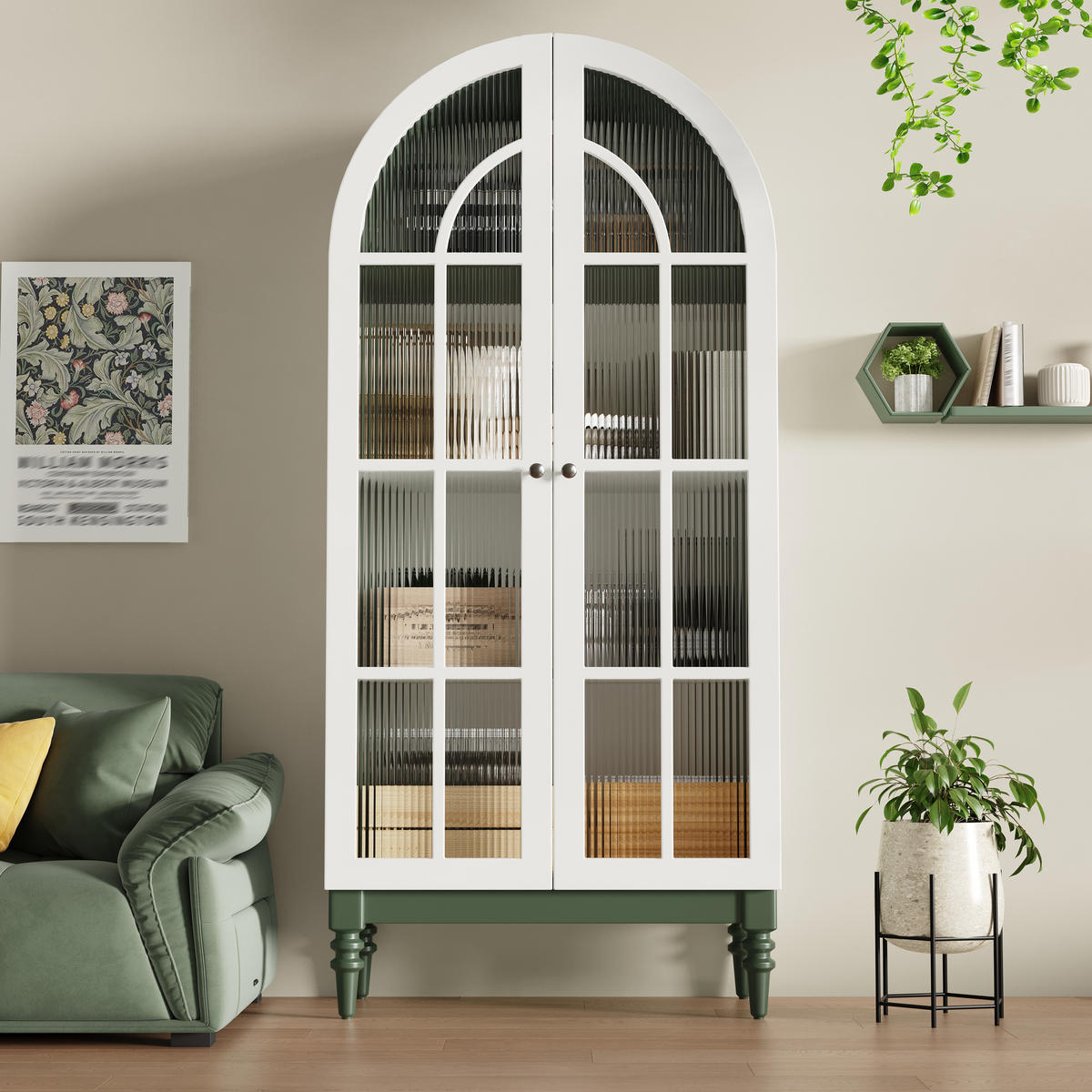 HIGHBOARD Grün 76×38,5×165 cm mit Bogenfront und Riffelglas-Türen aus Holzwerkstoff - Grün, Holzwerkstoff (76/165/38.5cm) - Luhomfu