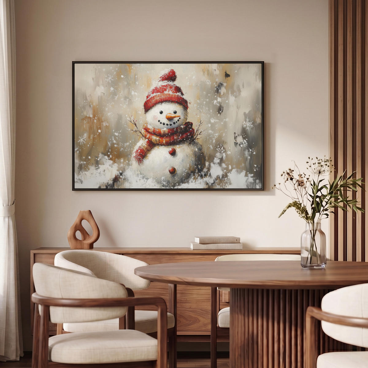 LEINWAND Bilder mit Rahmen - Schneemann - Winter - Schnee - Beige - 90x60 - Weiß, Textil (90/60cm) - MuchoWow