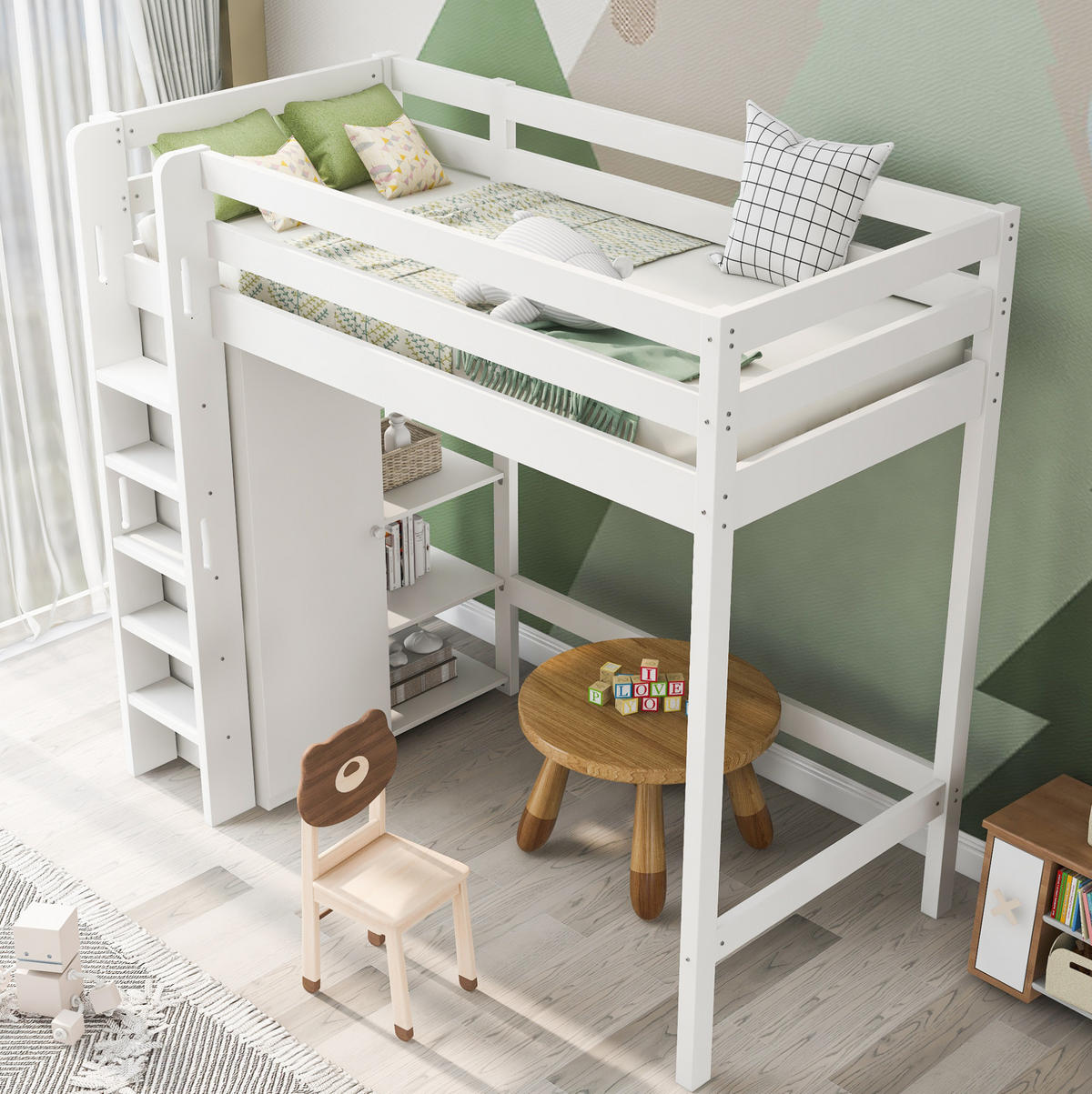 HOCHBETT 90/200 cm in Weiß mit Kleiderschrank und 6 Regalen - Weiß, Holzwerkstoff (90/200cm) - Flora Grace