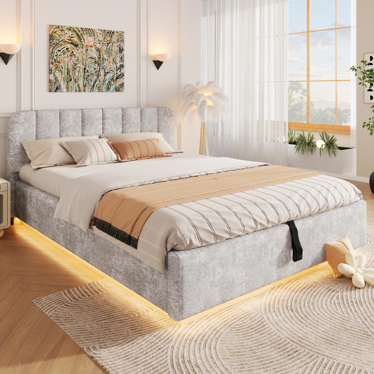 ČALOUNĚNÁ POSTEL 140x200cm Úložná LED Žinylka Světlešedá - šedá, kompozitní dřevo (140/200cm) - FLIEKS