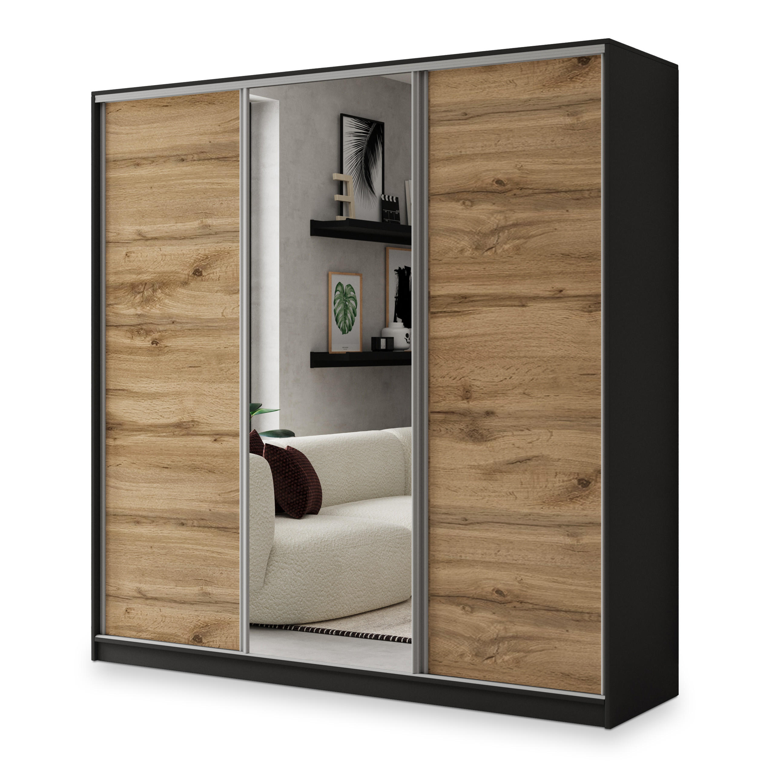 Masseno Schwebetürenschrank Schwarz, Silber, Eiche Wotan 180x205x58 cm