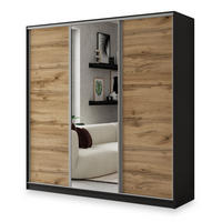 SCHWEBETÜRENSCHRANK SORE 200/205/58 cm 3-türig mit Spiegel und 4 Schubladen Schwarz - Eiche Wotan/Schwarz, Holzwerkstoff (200/205/58cm) - MASSENO