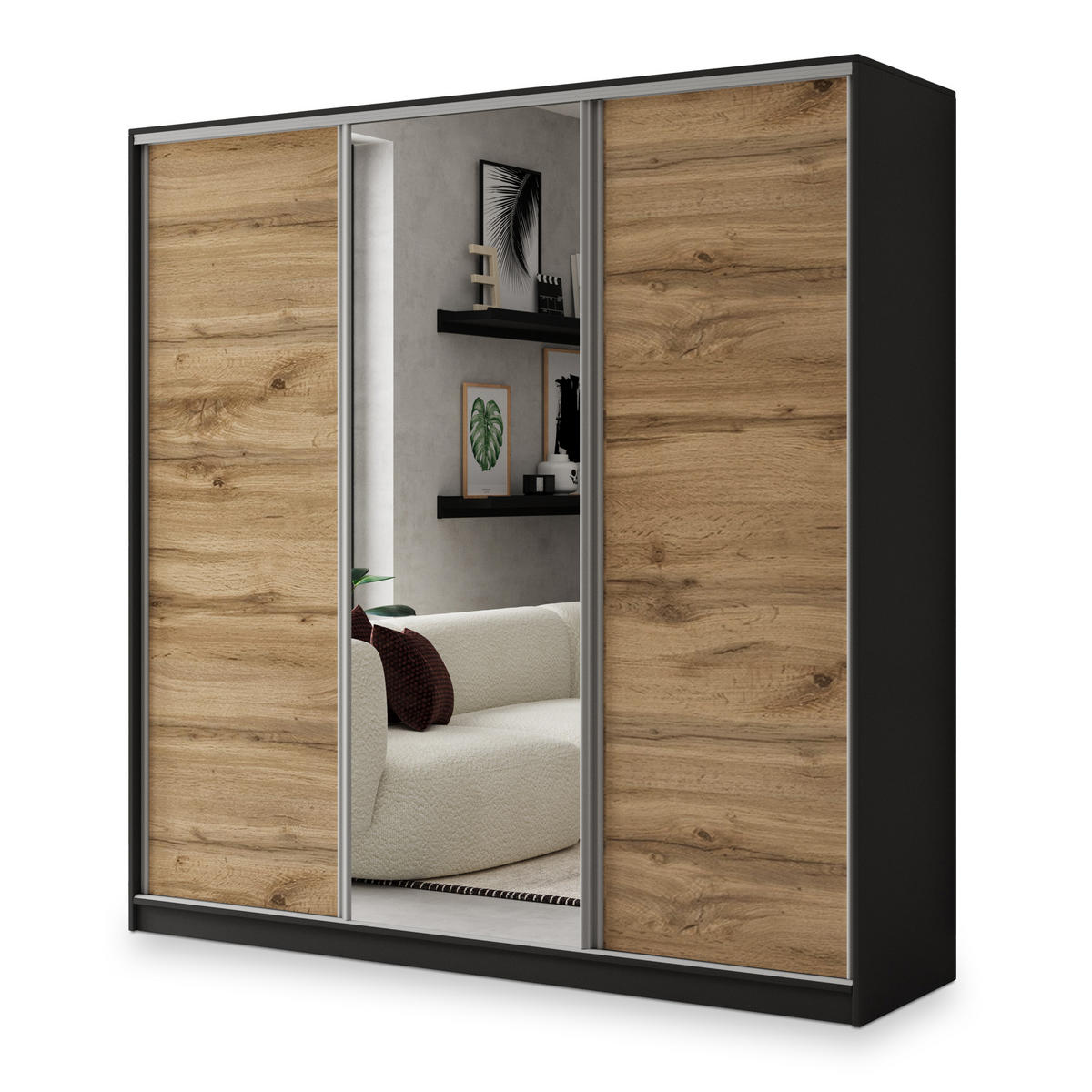 SCHWEBETÜRENSCHRANK SORE 200/205/58 cm 3-türig mit Spiegel und 4 Schubladen Schwarz - Eiche Wotan/Schwarz, Holzwerkstoff (200/205/58cm) - MASSENO