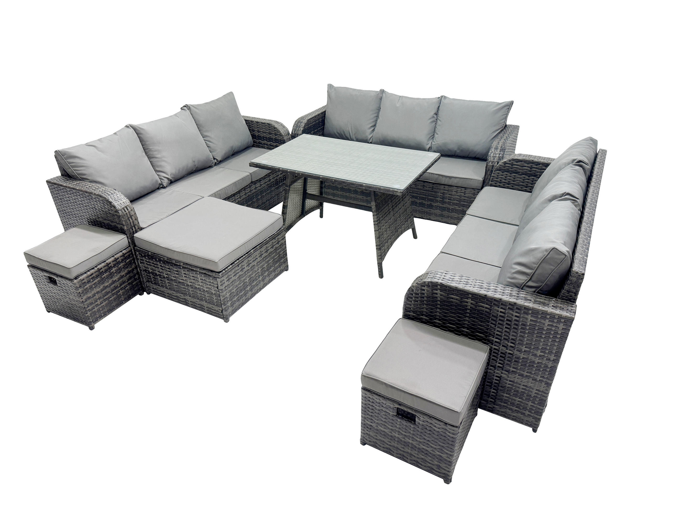 GARTENMÖBELSET mit ESSTISCH, 3-SITZER SOFA Polyrattan 12-Sitzer - Dunkelgrau/Grau, Glas/Kunststoff - Fimous