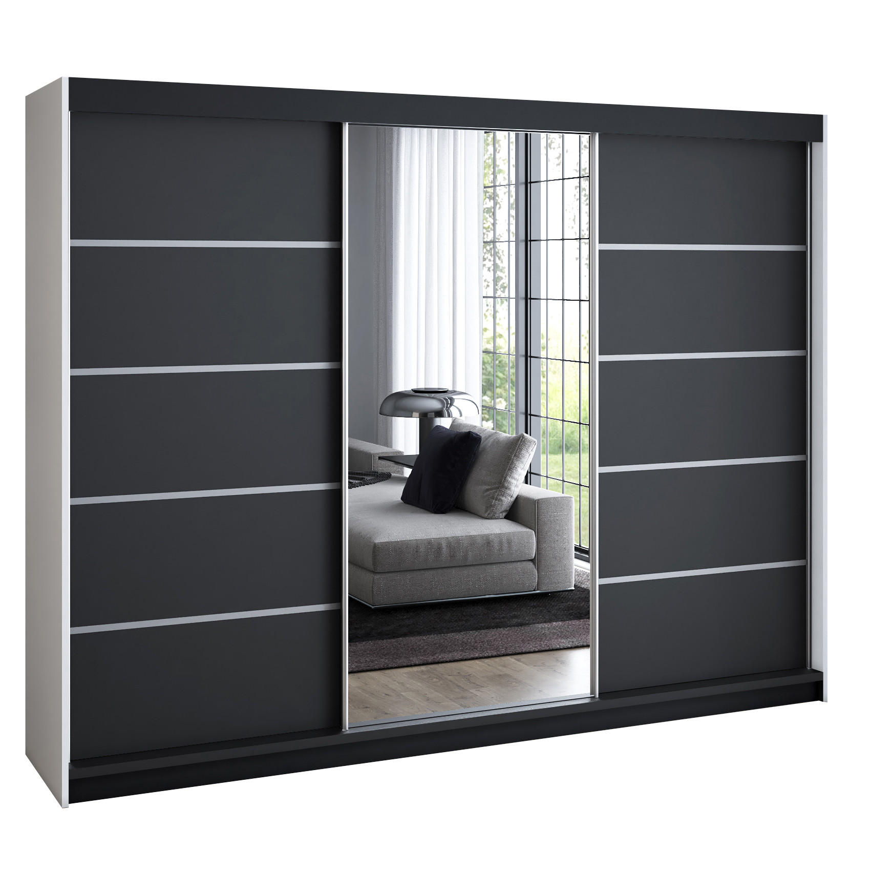 A&J MöbelLand Schwebetürenschrank Weiß, Schwarz, Schwarz 200x215x59.5 cm