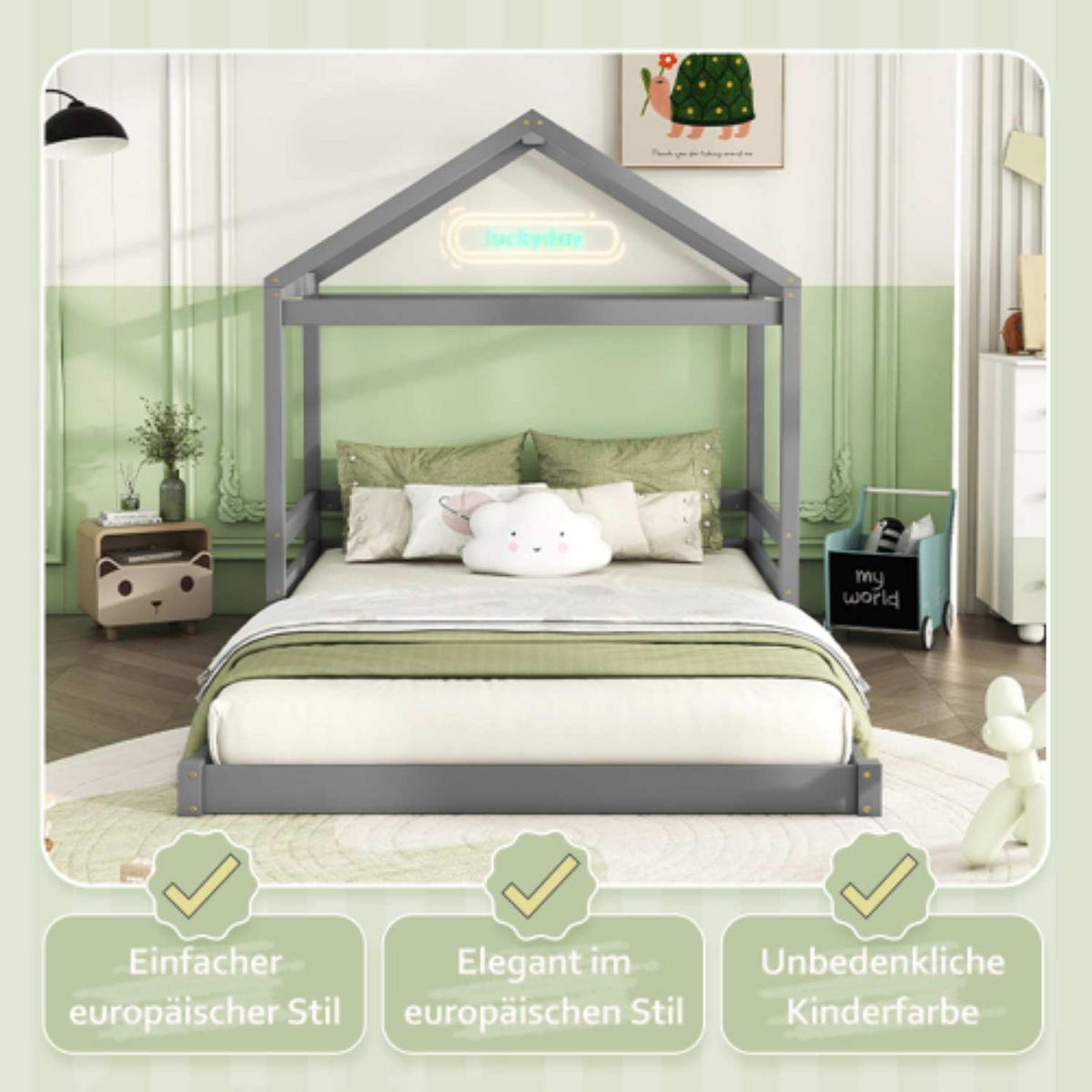 HAUSBETT 140/200 cm grau mit Lattenrost aus Kiefernholz - Grau, Holz (140/200cm) - OKWISH