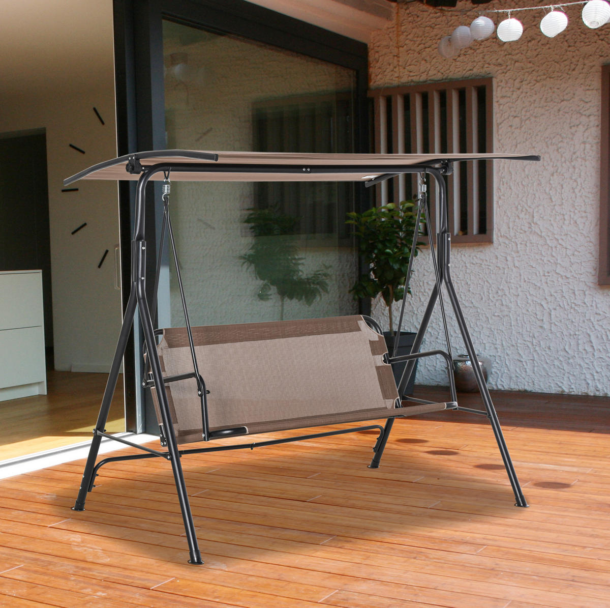 HOLLYWOODSCHAUKEL 172/110/155 cm mit verstellbarem Baldachin und stabilem Metallrahmen, Braun - Braun, Metall (110/155/172cm) - Redom