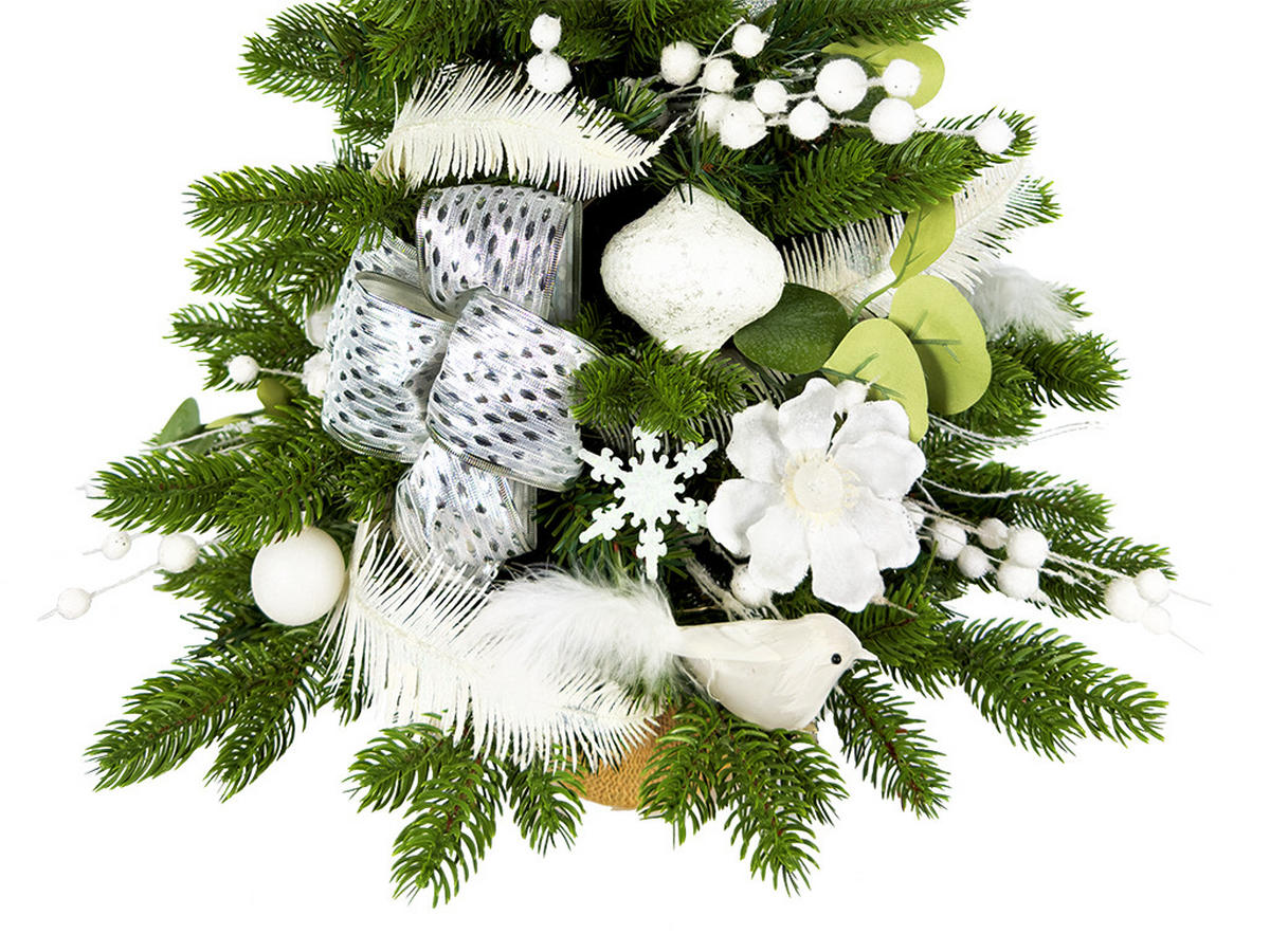 WEIHNACHTSBAUM künstlicher 60 cm mit LED-Beleuchtung, WEISSEMELODIE II, mit 29 Weihnachtsbaumschmuck, Pflanztopf mit Jutesack - Silberfarben/Weiß, Kunststoff/Stein (40/60cm) - LAALU