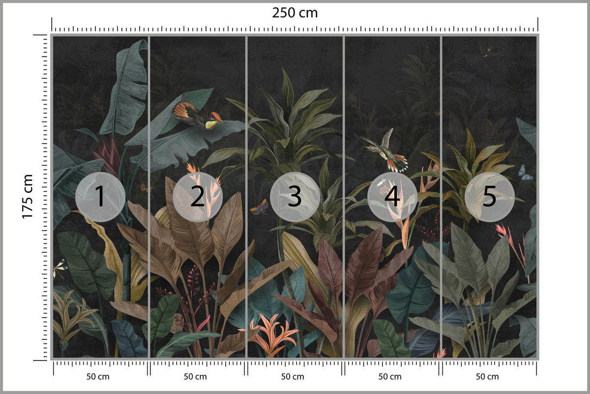 FOTOTAPETE Exotische Palmenblätter Dunkler Hintergrund Insekten Tropisch 250x175 - Orange/Braun, Papier (250/175cm) - Muralo