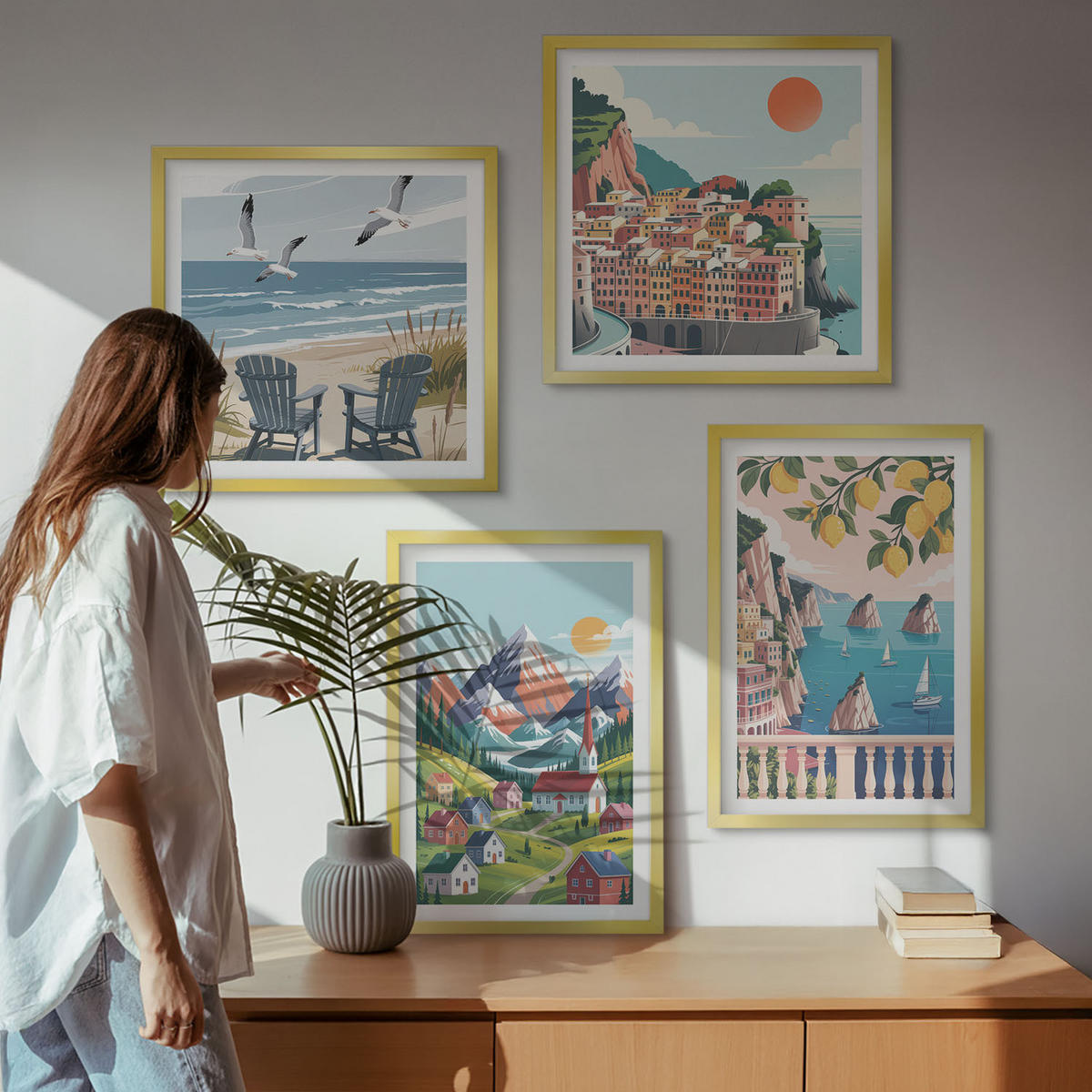 BILDER SET 4er Set - 50x50 cm & 40x60 cm Goldrahmen - Farbenfrohe Berge und Küstenstädte - Goldfarben, Kunststoff (50/50cm) - TULUP