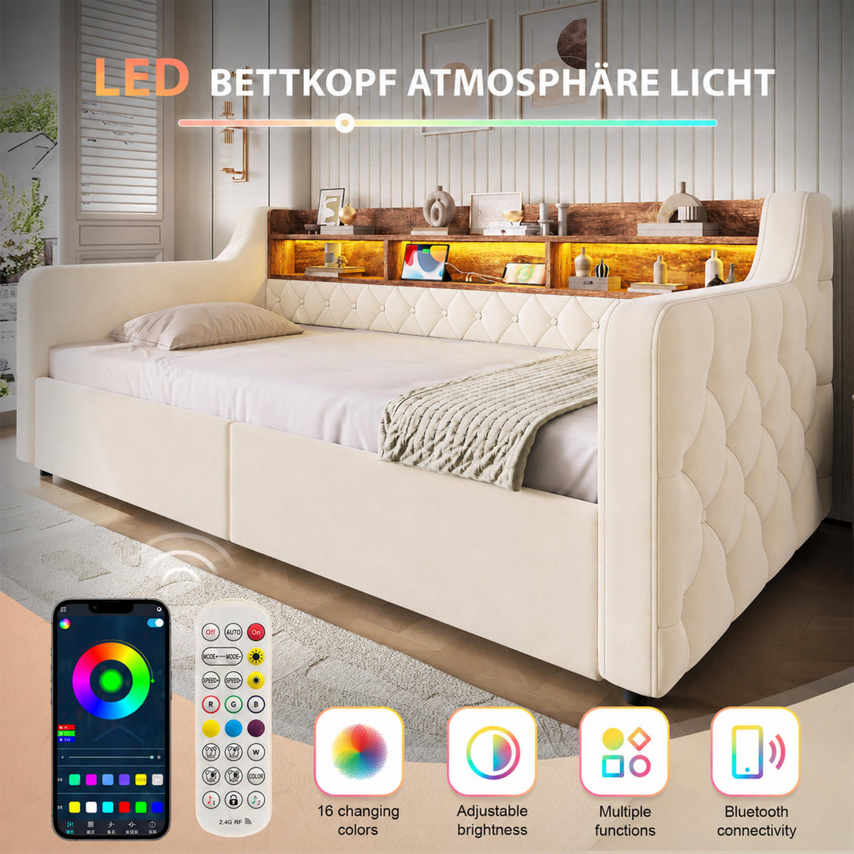 TAGESBETT 90/190 mit Schubladen & Regal, USB-C Ladeanschlüsse/LED, Samt, Beige - Beige, Holz (90/190cm) - LVHOM