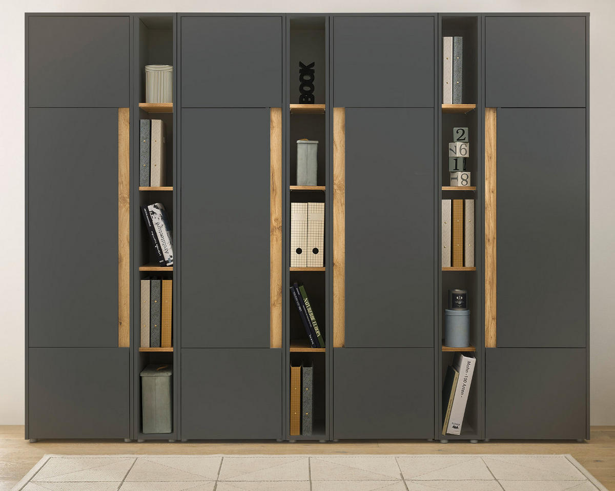 AKTENSCHRANK Set 7-teilig grau matt, Eiche Wotan 260 x 200 cm, Schrank-Regal-Kombination mit 35 Fächern - Eichefarben/Eiche Wotan, Holzwerkstoff/Kunststoff (260/200/40cm) - Furn.Design