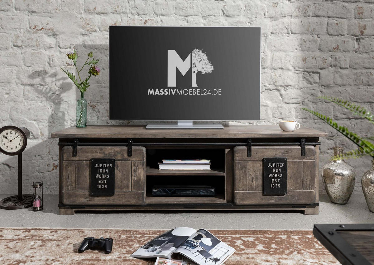 TV-BOARD Mango 160x45x50 grau lackiert RAILWAY #201 - Grau, Holz (160/50/45cm) - Massivmoebel24