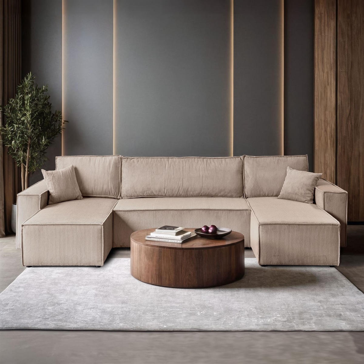 WOHNLANDSCHAFT Gepolstertes CARLO U Cord mit Schlaffunktion und Bettkasten, Poso 02 - Beige, Textil (315/83/143cm) - Lookway