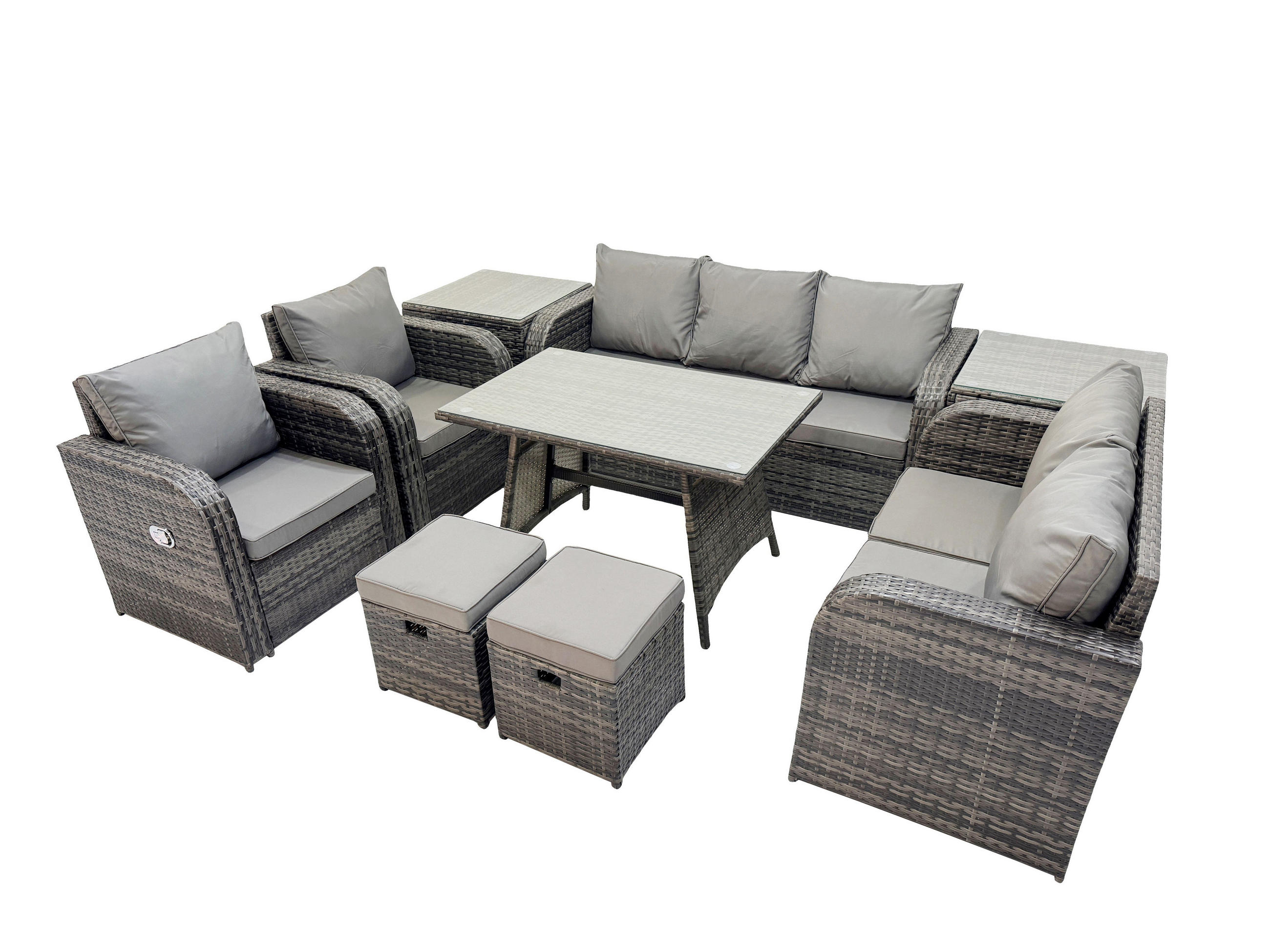 GARTENMÖBEL SET Polyrattan Dunkelgrau 9-Sitzer - Dunkelgrau/Grau, Glas/Kunststoff - Fimous