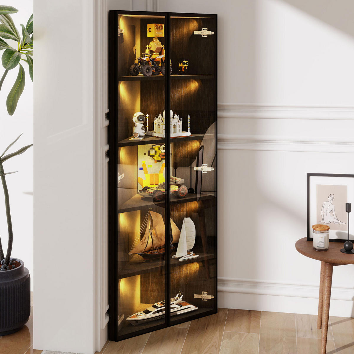 ECKVITRINE aus MDF und Sicherheitsglas 62x35x160 cm Schwarz mit LED-Beleuchtung - Schwarz, Holzwerkstoff (62/160/35cm) - IVMEU
