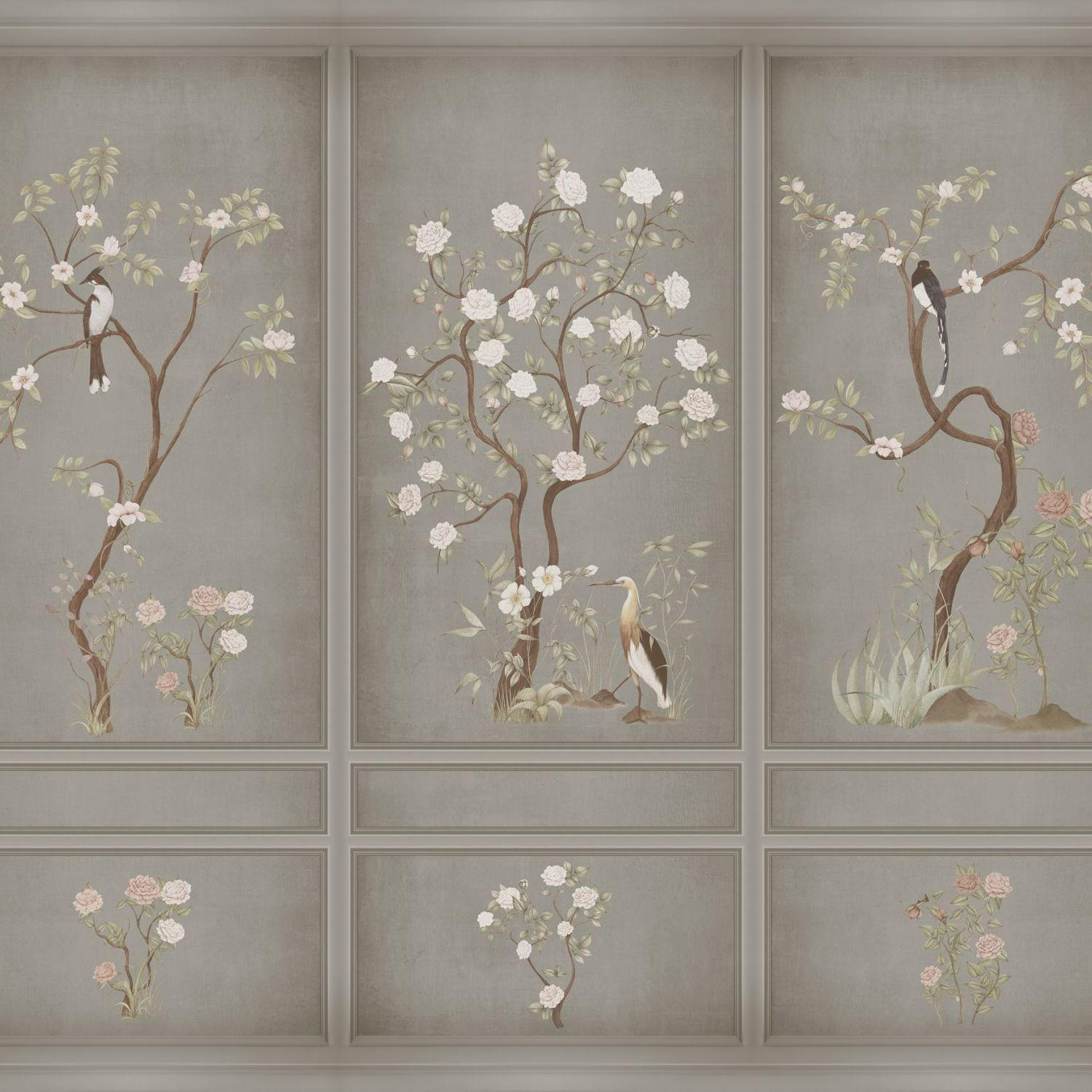 FOTOTAPETE Blumen und Vögel 318 x 280 cm - Grau, Papier (318/280cm) - Sanders & Sanders