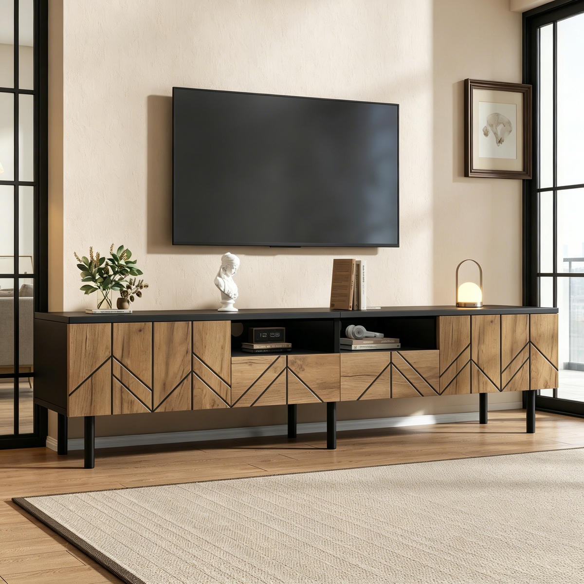TV-RACK 180x40x45cm SchwarzHolzoptik Fernsehtisch mit Schubladen - Naturfarben, Holz (50.01/15.01/103cm) - Raelunyi