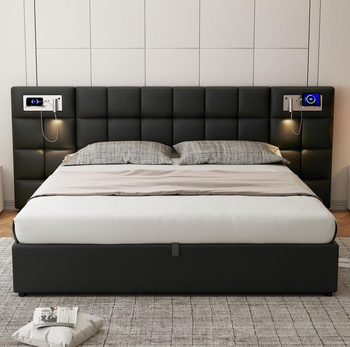 POLSTERBETT mit Stauraum, USB & Ladefunktion 180x200 cm PU Black - Schwarz, Metall (180/200cm) - Meubliv