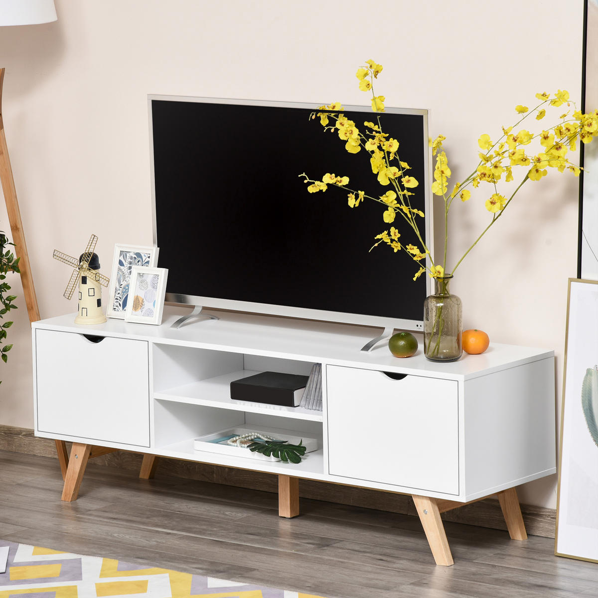 TV-LOWBOARD Weiß 150/39/50 cm, 2 Türen, Skandinavischer Stil - Weiß, Holzwerkstoff (150/50/39cm) - PANGIVO