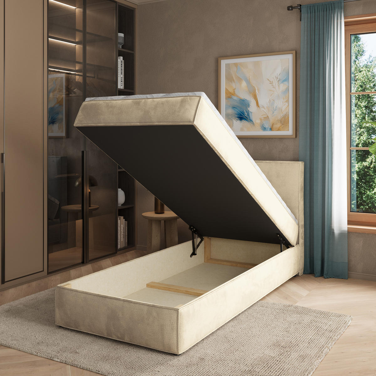 BOXBETT PELLIO 90x200 cm mit Matratze und Topper - Creme - Creme, Holz (90/200cm) - MASSENO