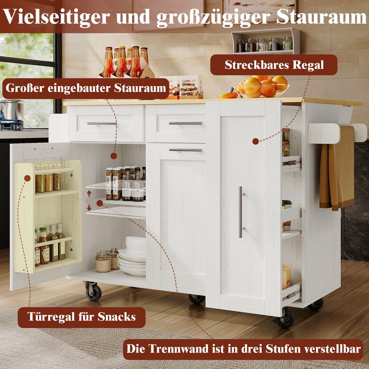 KÜCHENWAGEN 110x74x90.5cm Weiß aus MDF/Metall mit Klappplatte & Schränken - Weiß, Holzwerkstoff (110/90.5/74cm) - Modfu