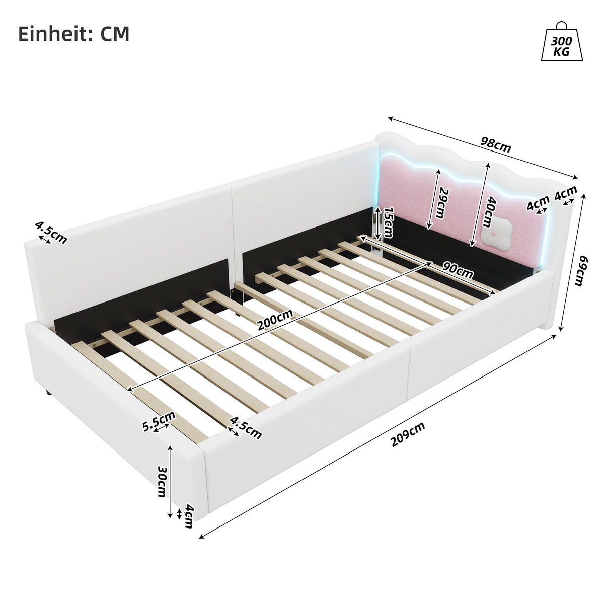 BETT mit LED-Umgebungslicht 90/200 cm Weiß Vliesimitat - Weiß, Textil (90/200cm) - OKWISH