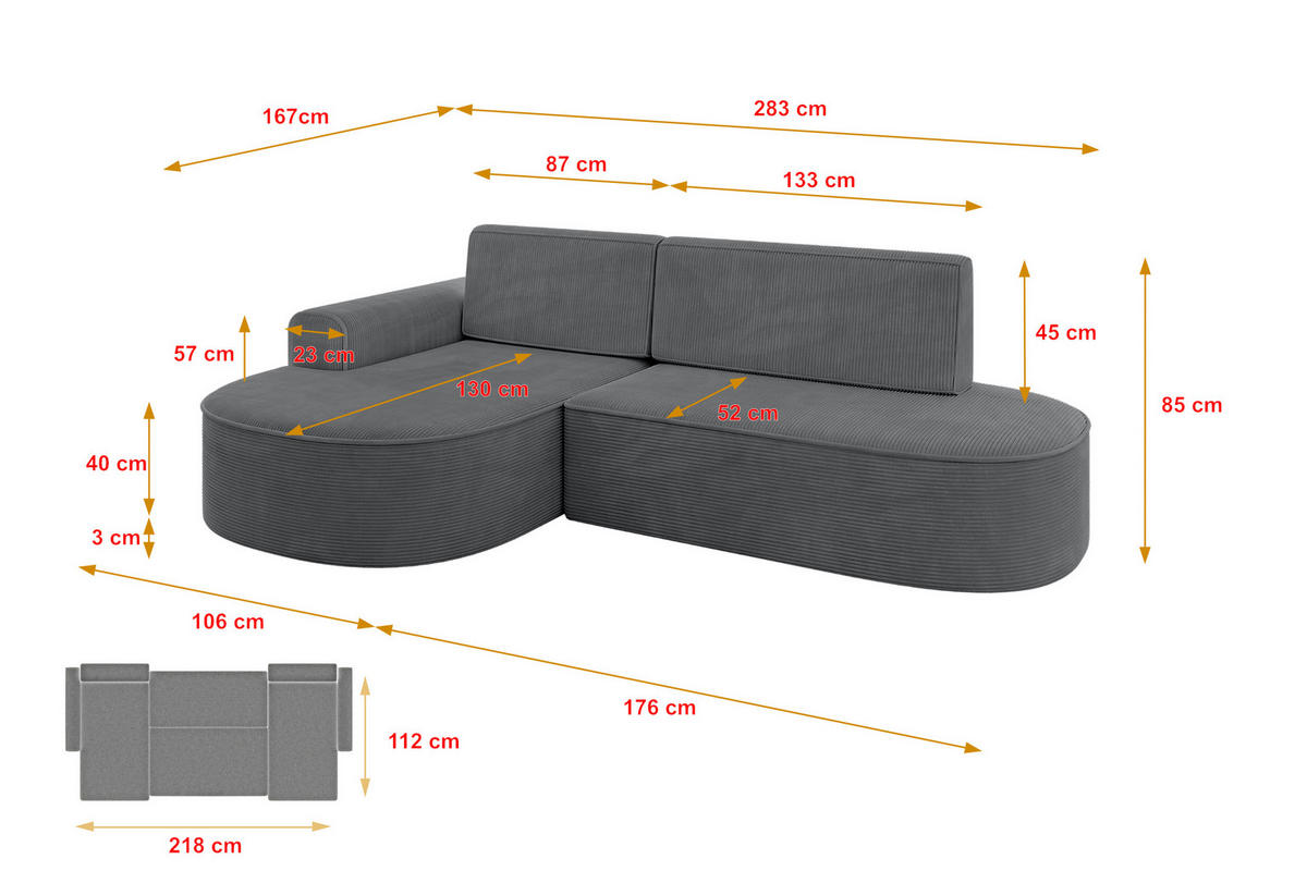 ECKSOFA mit Schlaffunktion und Bettkasten Ottomane Rechts MARI-L1-S - 283x167x85 cm Grau Cord - Graphitfarben/Schwarz, Holzwerkstoff/Kunststoff (167/283cm) - ALTDECOR