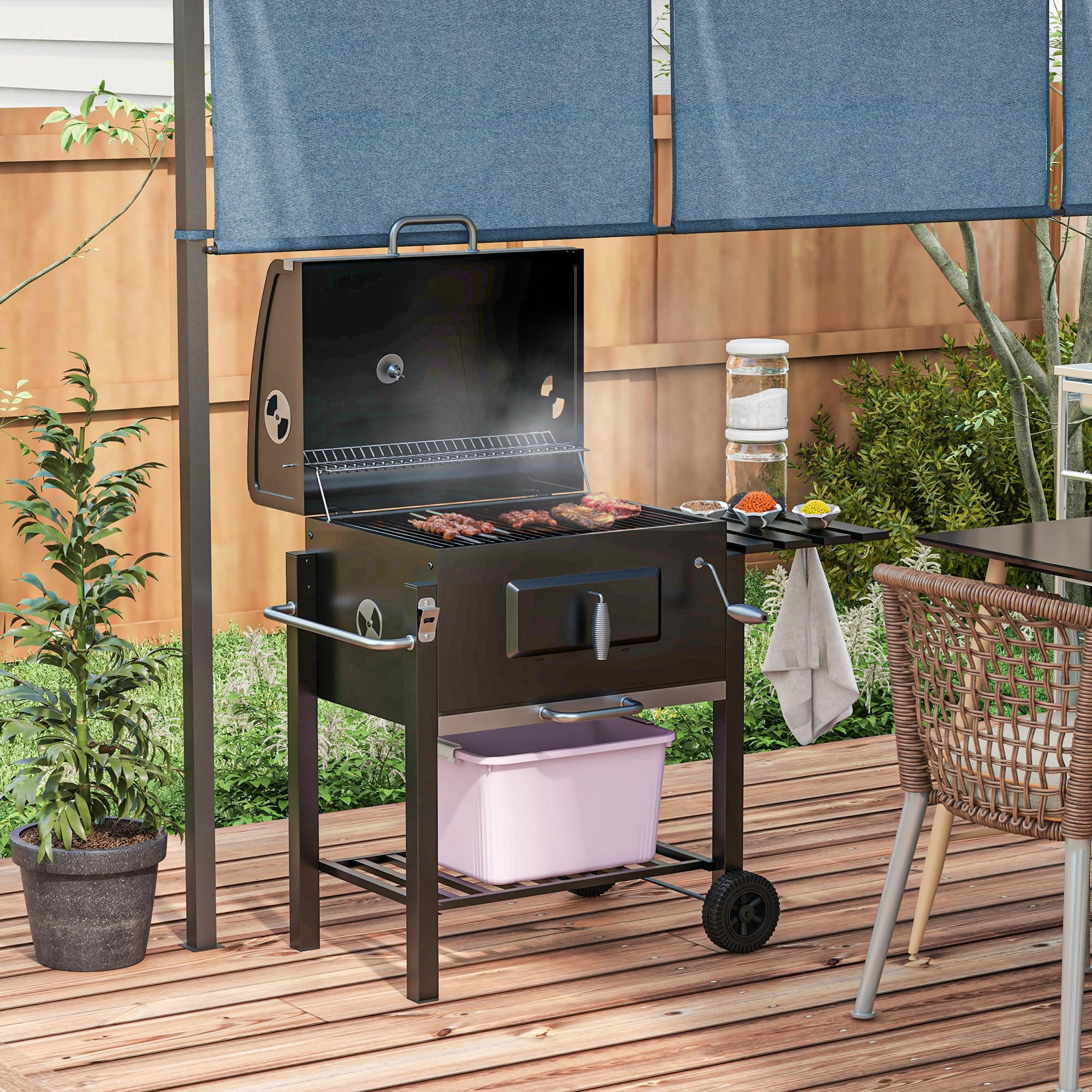 HOLZKOHLEGRILL - Schwarz, Metall (65/108/113cm) - Outsunny