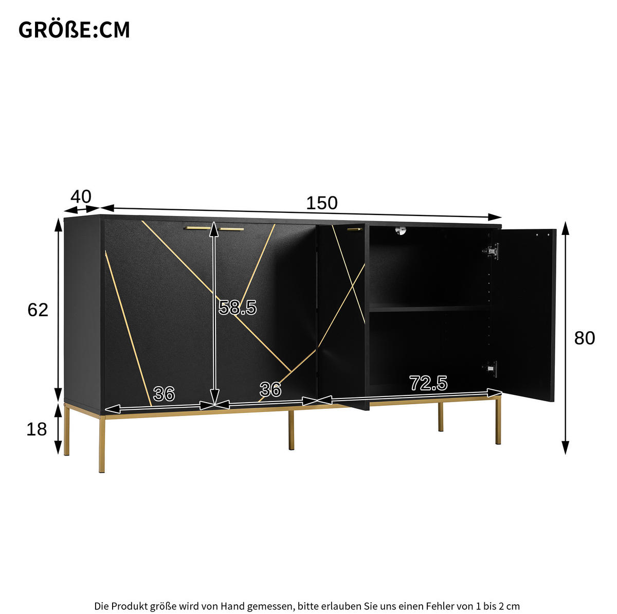 SIDEBOARD 150/40/80 cm in Schwarz mit 4 Türen und verstellbaren Einlegeböden - Schwarz, Holzwerkstoff (150/80/40cm) - Flora Grace