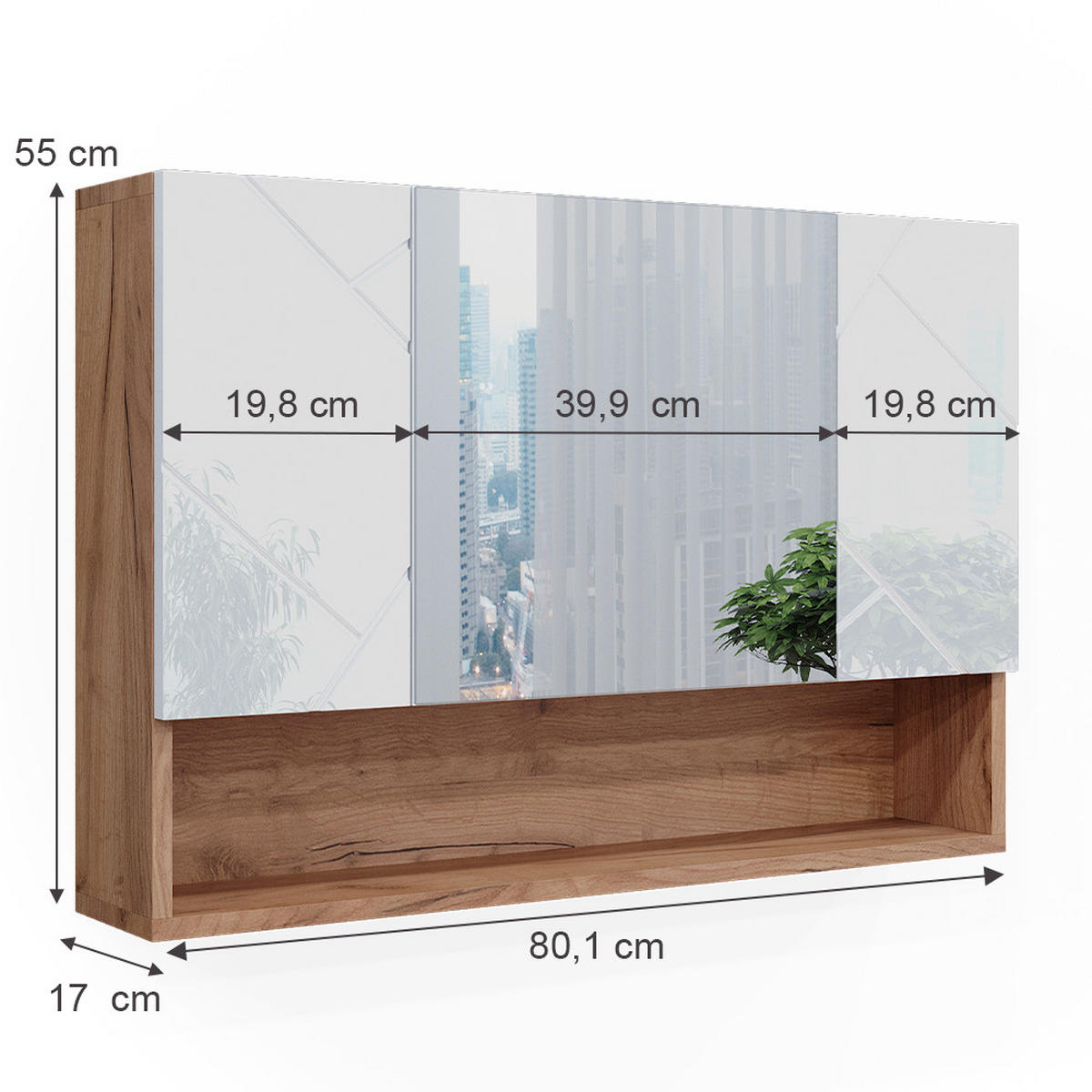 BADSPIEGELSCHRANK Irma Eiche 80.1 x 55 cm - Weiß Hochglanz/Eiche Wotan, Holzwerkstoff (80.1/55/17cm) - Vicco