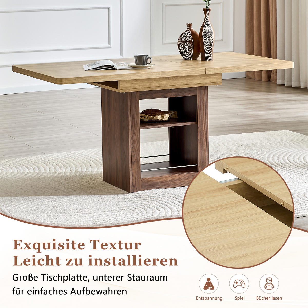 ESSTISCH ausziehbarer Naturholz + Walnuss mit Stauraum und integrierten Fächern 130-160/80/75.5 cm - Naturfarben, Holz (80/160/75.5cm) - Oxeza