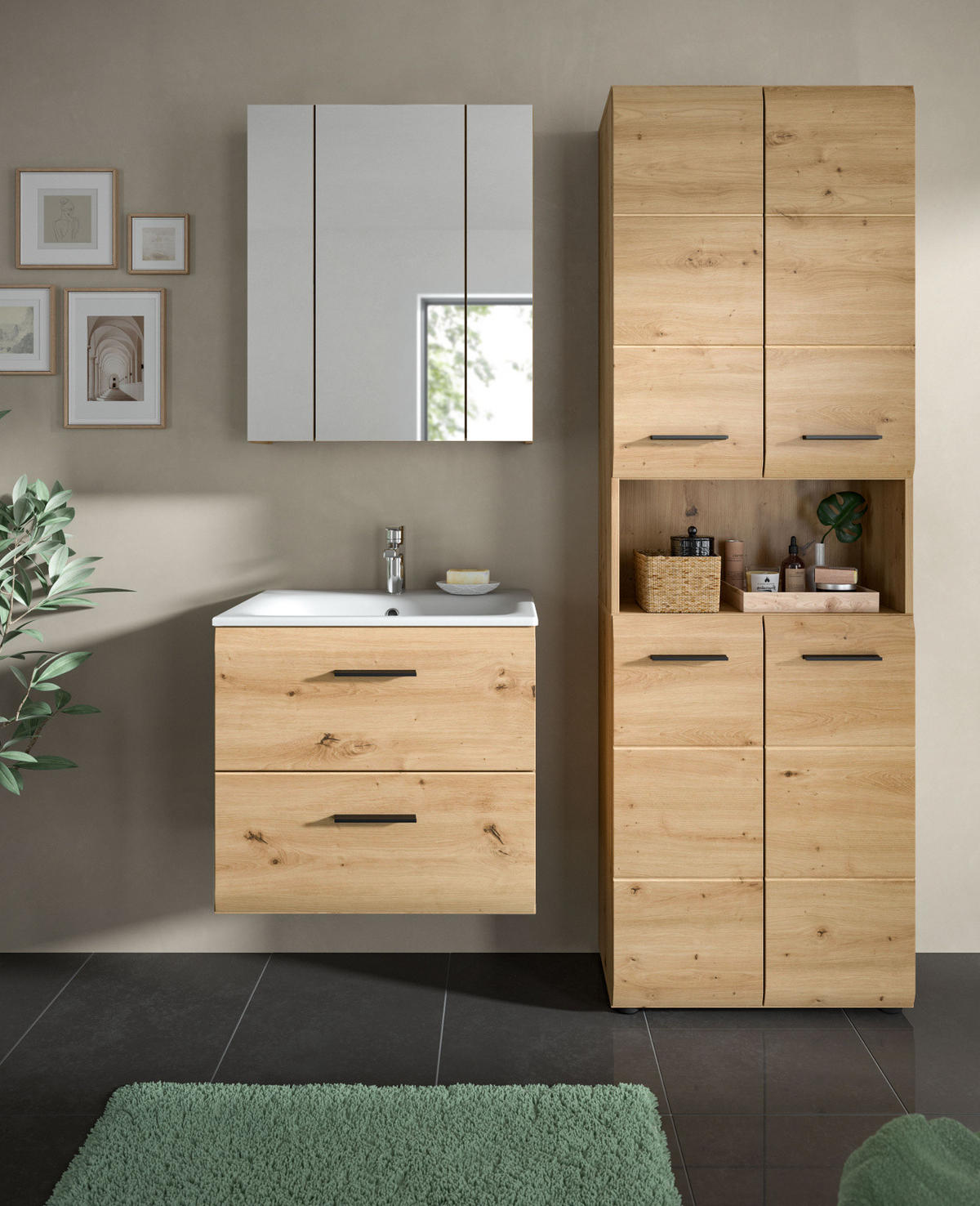 WASCHTISCH inklusive Waschbecken, Waschbeckenunterschrank Eiche hängend 60 cm - Schwarz/Eiche Artisan, Keramik/Holzwerkstoff (60/55/46cm) - Inn.Furn