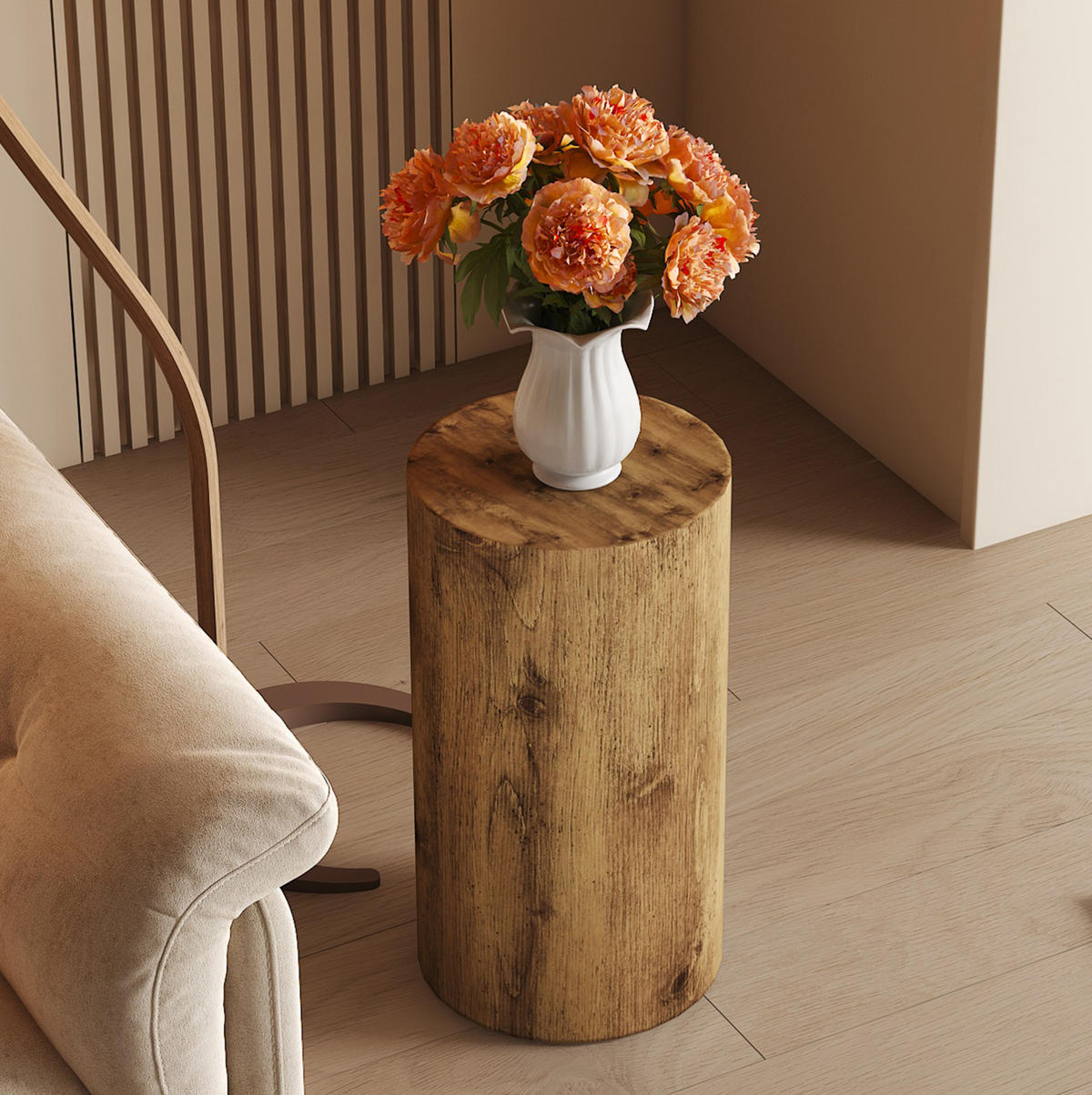 BEISTELLTISCH 30/55 cm, rund, aus MDF mit Holzoptik und montagefrei, Holzfarben - Naturfarben, Holzwerkstoff (30/30/55cm) - Modfu