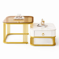 COUCHTISCH-SET aus MDF 60x60x42 cm Weiß-Gold mit Marmoroptik, brauner Glasplatte und Schublade, 2-teilig - Weiß, Holzwerkstoff (60/60/42.5cm) - IVMEU