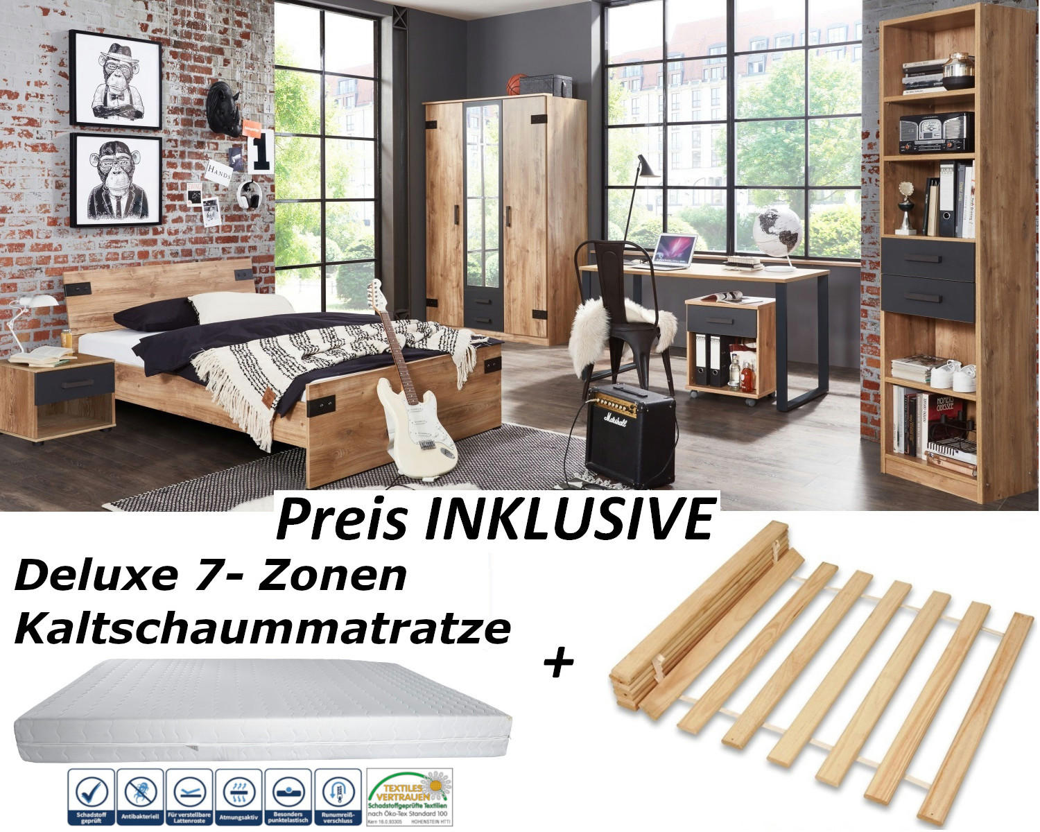 JUGENDZIMMER Liverpool in Plankeneiche und Graphit 8 teilig mit 140er Bett und Drehtürenschrank - Braun, Holzwerkstoff (120/200/80cm)
